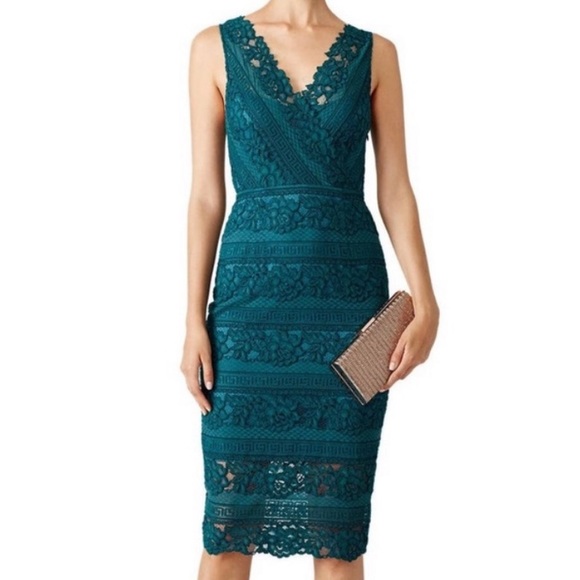 SAYLOR Nordstrom Lace Sheath Dress Blue Green Turquoise Teal Vneck Sleeveless XS - Picture 2 of 9